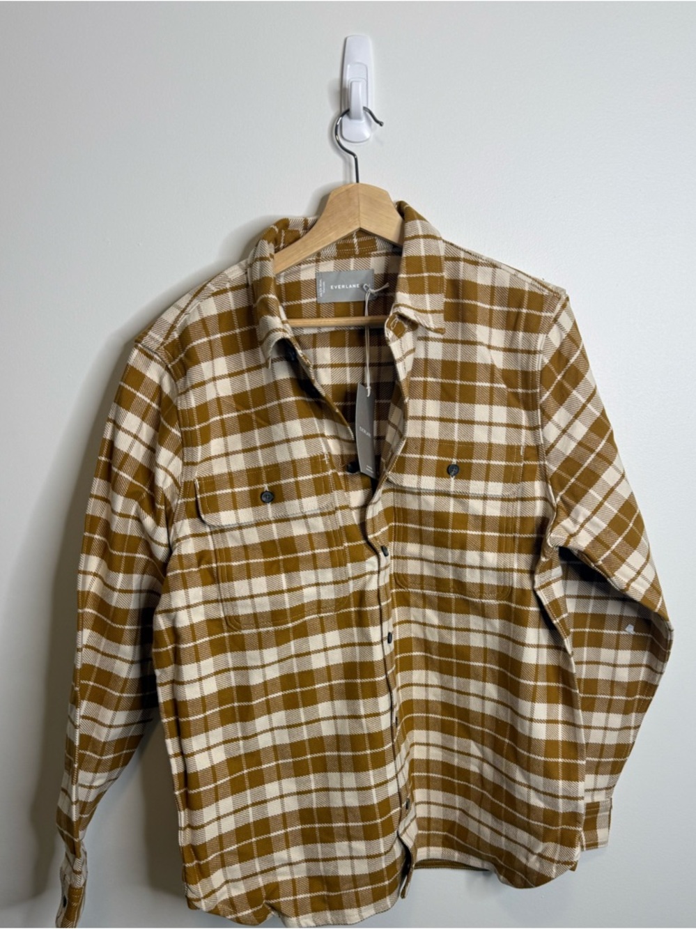 Everlane The Heavyweight Overshirt in plaid brown cream size large NWT